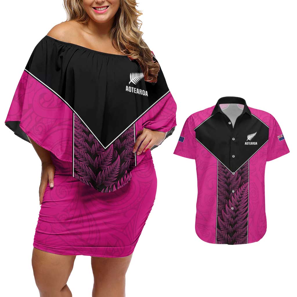 New Zealand Fern Rugby Custom Couples Matching Off Shoulder Short Dress and Hawaiian Shirt Pink Maori Pattern LT05 Pink - Polynesian Pride