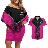 New Zealand Fern Rugby Custom Couples Matching Off Shoulder Short Dress and Hawaiian Shirt Pink Maori Pattern LT05 Pink - Polynesian Pride