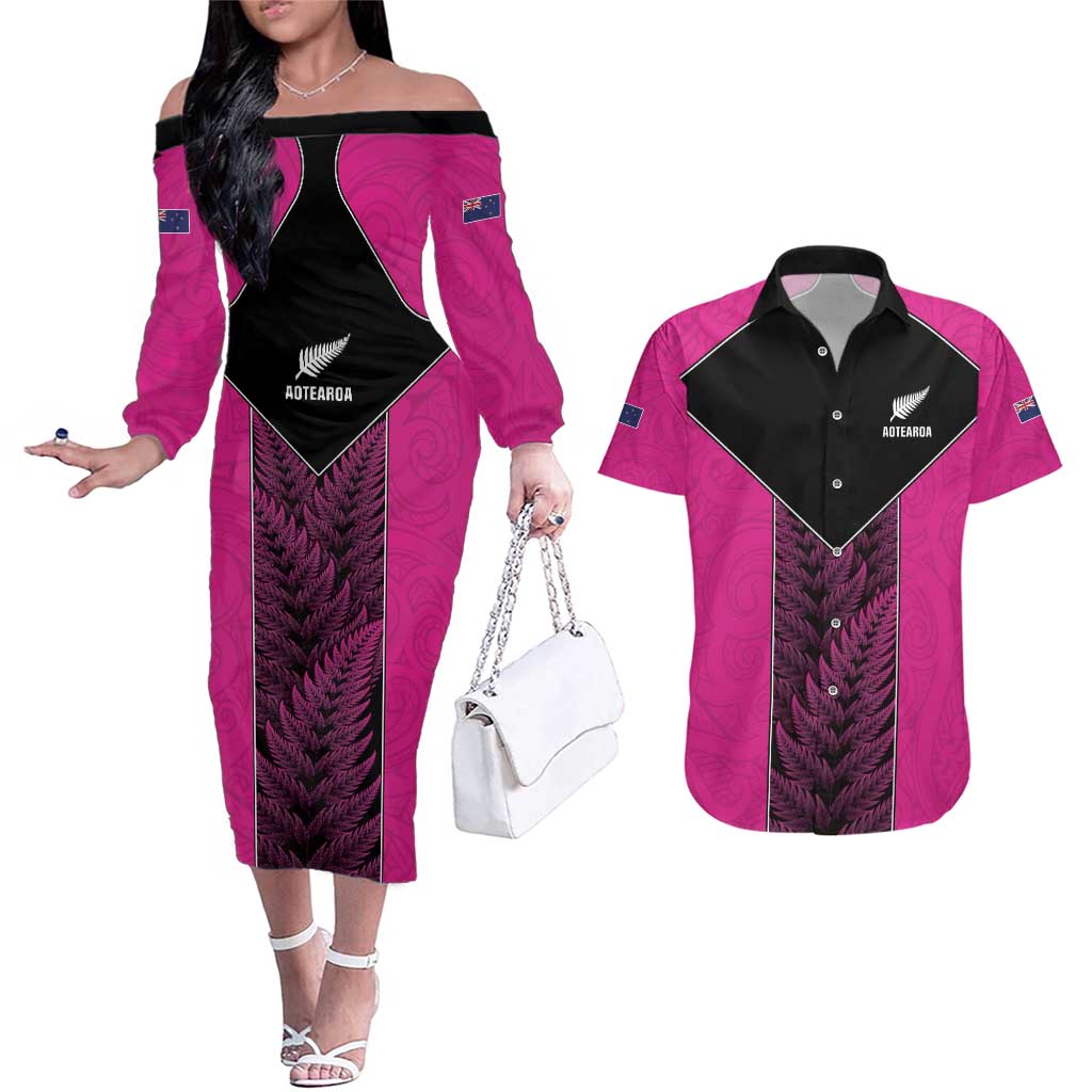 New Zealand Fern Rugby Custom Couples Matching Off The Shoulder Long Sleeve Dress and Hawaiian Shirt Pink Maori Pattern LT05 Pink - Polynesian Pride