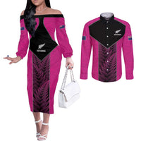 New Zealand Fern Rugby Custom Couples Matching Off The Shoulder Long Sleeve Dress and Long Sleeve Button Shirt Pink Maori Pattern LT05 Pink - Polynesian Pride