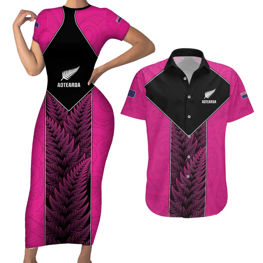 New Zealand Fern Rugby Custom Couples Matching Short Sleeve Bodycon Dress and Hawaiian Shirt Pink Maori Pattern LT05 Pink - Polynesian Pride