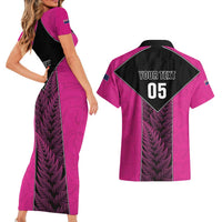 New Zealand Fern Rugby Custom Couples Matching Short Sleeve Bodycon Dress and Hawaiian Shirt Pink Maori Pattern LT05 - Polynesian Pride