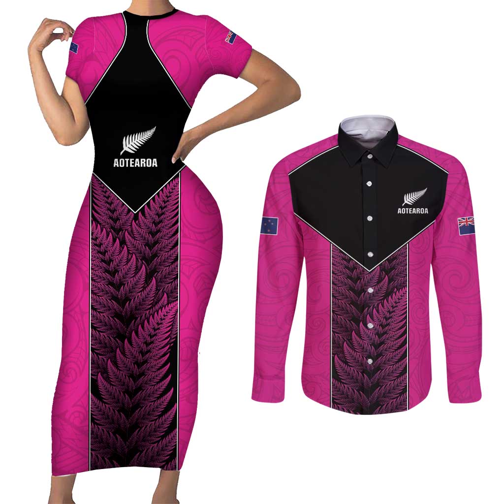 New Zealand Fern Rugby Custom Couples Matching Short Sleeve Bodycon Dress and Long Sleeve Button Shirt Pink Maori Pattern LT05 Pink - Polynesian Pride