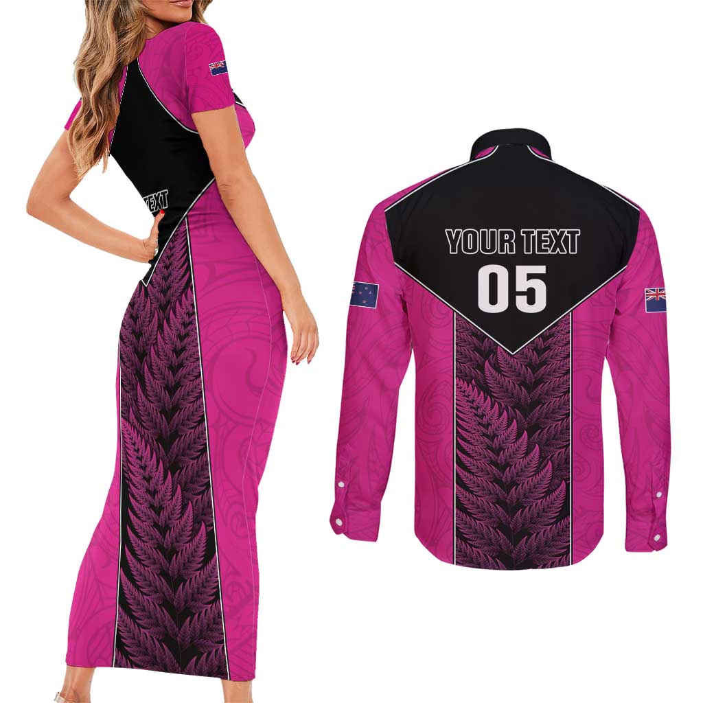 New Zealand Fern Rugby Custom Couples Matching Short Sleeve Bodycon Dress and Long Sleeve Button Shirt Pink Maori Pattern LT05 - Polynesian Pride