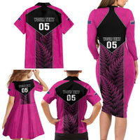 New Zealand Fern Rugby Custom Family Matching Long Sleeve Bodycon Dress and Hawaiian Shirt Pink Maori Pattern LT05 - Polynesian Pride
