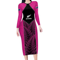New Zealand Fern Rugby Custom Family Matching Long Sleeve Bodycon Dress and Hawaiian Shirt Pink Maori Pattern LT05 Mom's Dress Pink - Polynesian Pride