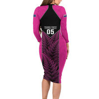 New Zealand Fern Rugby Custom Family Matching Long Sleeve Bodycon Dress and Hawaiian Shirt Pink Maori Pattern LT05 - Polynesian Pride