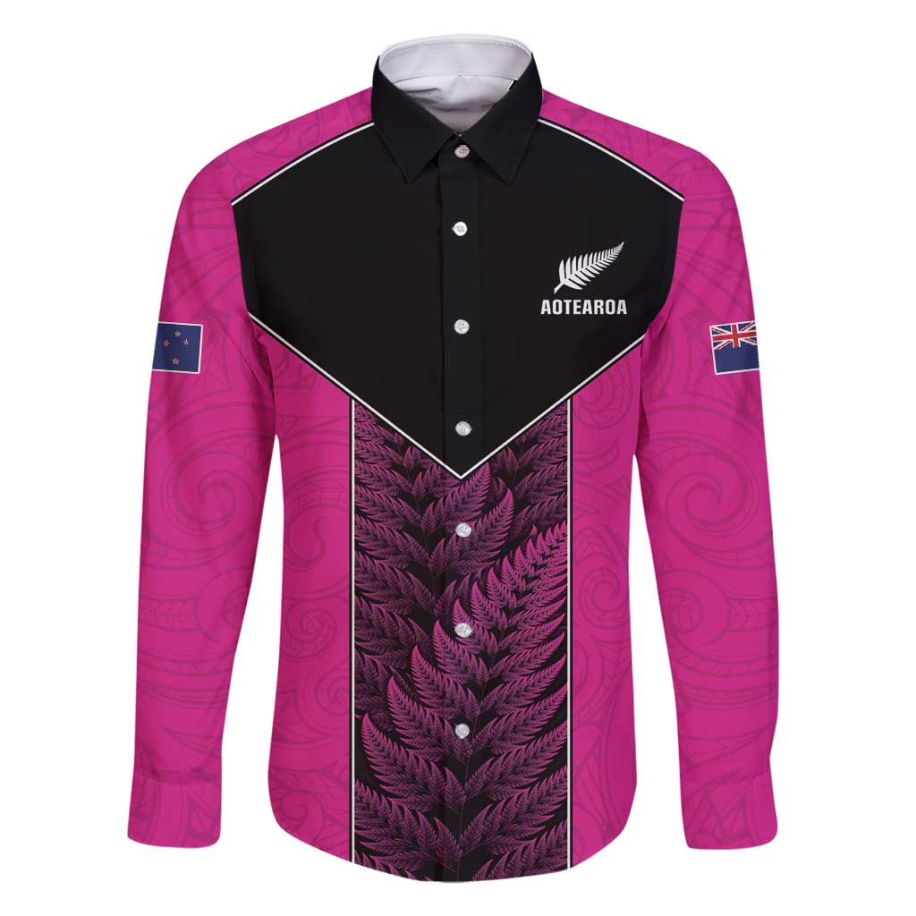 New Zealand Fern Rugby Custom Family Matching Mermaid Dress and Hawaiian Shirt Pink Maori Pattern LT05 Dad's Shirt - Long Sleeve Pink - Polynesian Pride