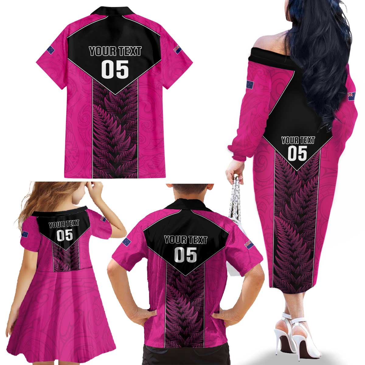 New Zealand Fern Rugby Custom Family Matching Off The Shoulder Long Sleeve Dress and Hawaiian Shirt Pink Maori Pattern LT05 - Polynesian Pride