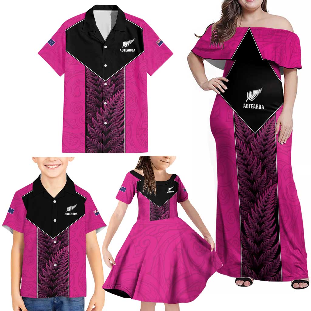 New Zealand Fern Rugby Custom Family Matching Off Shoulder Maxi Dress and Hawaiian Shirt Pink Maori Pattern LT05 - Polynesian Pride