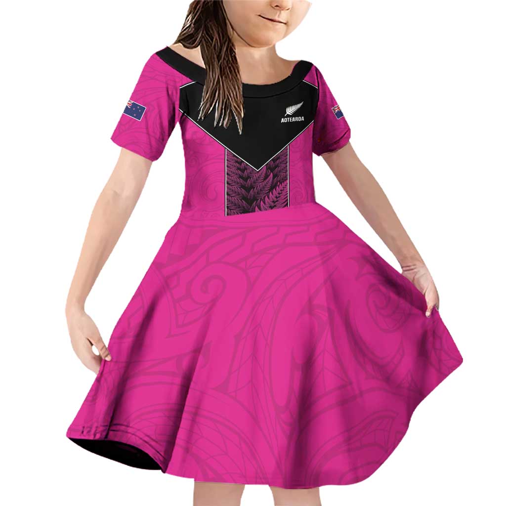 New Zealand Fern Rugby Custom Family Matching Off Shoulder Short Dress and Hawaiian Shirt Pink Maori Pattern LT05 Daughter's Dress Pink - Polynesian Pride