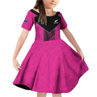 New Zealand Fern Rugby Custom Family Matching Off Shoulder Short Dress and Hawaiian Shirt Pink Maori Pattern LT05 Daughter's Dress Pink - Polynesian Pride