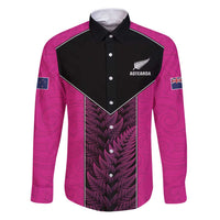New Zealand Fern Rugby Custom Family Matching Puletasi and Hawaiian Shirt Pink Maori Pattern LT05 Dad's Shirt - Long Sleeve Pink - Polynesian Pride