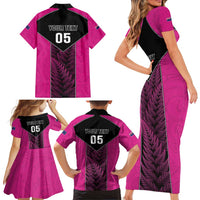 New Zealand Fern Rugby Custom Family Matching Short Sleeve Bodycon Dress and Hawaiian Shirt Pink Maori Pattern LT05 - Polynesian Pride