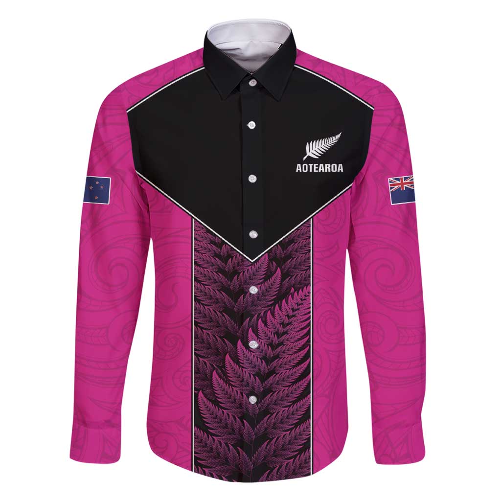 New Zealand Fern Rugby Custom Family Matching Short Sleeve Bodycon Dress and Hawaiian Shirt Pink Maori Pattern LT05 Dad's Shirt - Long Sleeve Pink - Polynesian Pride