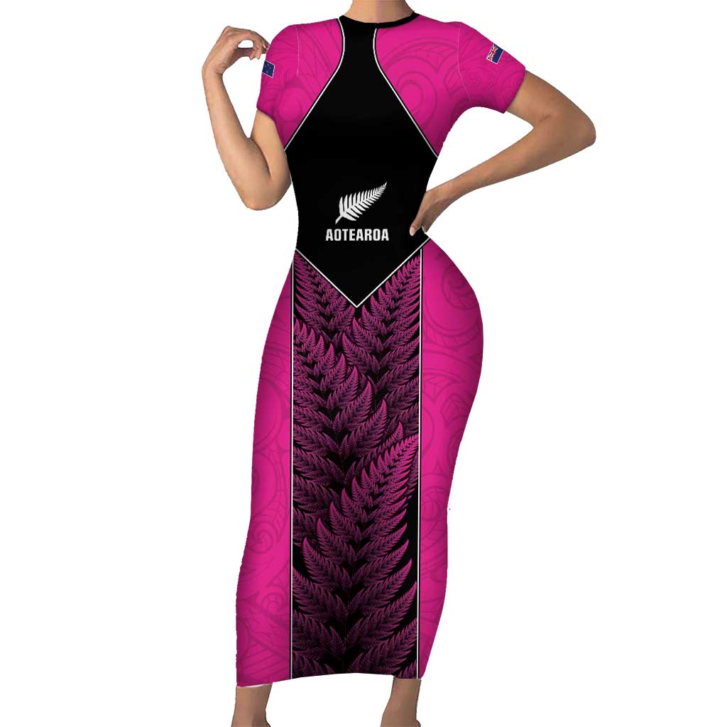 New Zealand Fern Rugby Custom Family Matching Short Sleeve Bodycon Dress and Hawaiian Shirt Pink Maori Pattern LT05 Mom's Dress Pink - Polynesian Pride