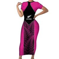 New Zealand Fern Rugby Custom Family Matching Short Sleeve Bodycon Dress and Hawaiian Shirt Pink Maori Pattern LT05 Mom's Dress Pink - Polynesian Pride