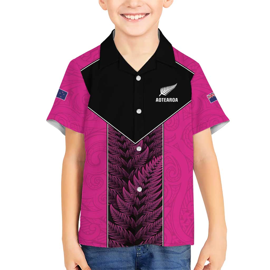 New Zealand Fern Rugby Custom Family Matching Short Sleeve Bodycon Dress and Hawaiian Shirt Pink Maori Pattern LT05 Son's Shirt Pink - Polynesian Pride