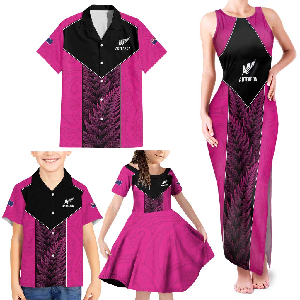 New Zealand Fern Rugby Custom Family Matching Tank Maxi Dress and Hawaiian Shirt Pink Maori Pattern LT05 - Polynesian Pride