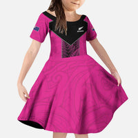 New Zealand Fern Rugby Custom Kid Short Sleeve Dress Pink Maori Pattern
