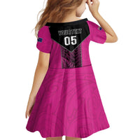 New Zealand Fern Rugby Custom Kid Short Sleeve Dress Pink Maori Pattern