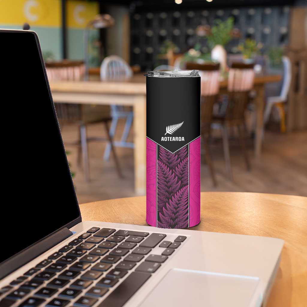 New Zealand Fern Rugby Custom Skinny Tumbler Pink Maori Pattern