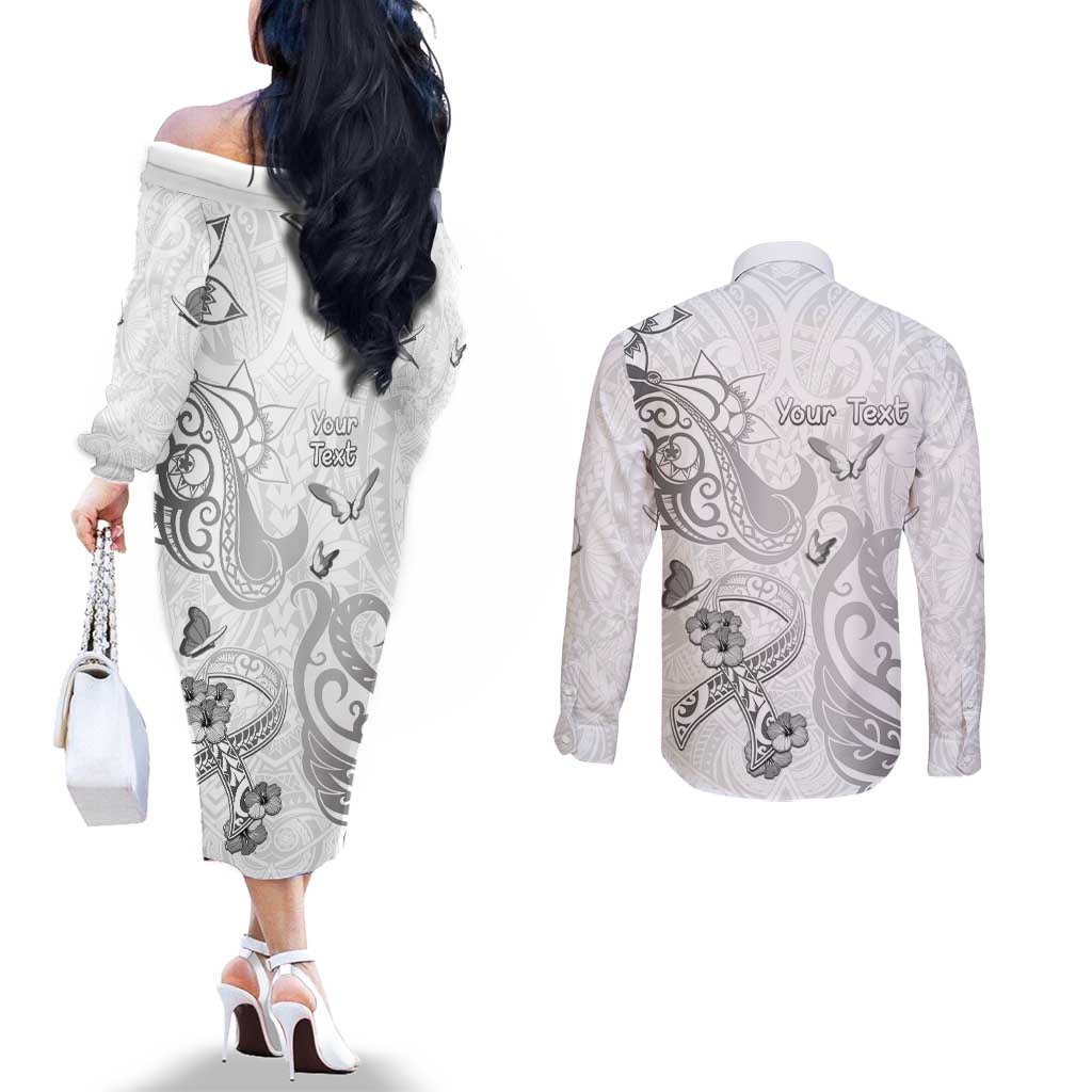 Personalised Brain Cancer Awareness Couples Matching Off The Shoulder Long Sleeve Dress and Long Sleeve Button Shirt Ribbon Polynesian Pattern