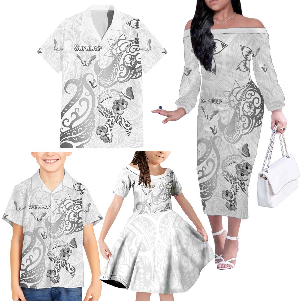Personalised Brain Cancer Awareness Family Matching Off The Shoulder Long Sleeve Dress and Hawaiian Shirt Ribbon Polynesian Pattern LT05 - Polynesian Pride