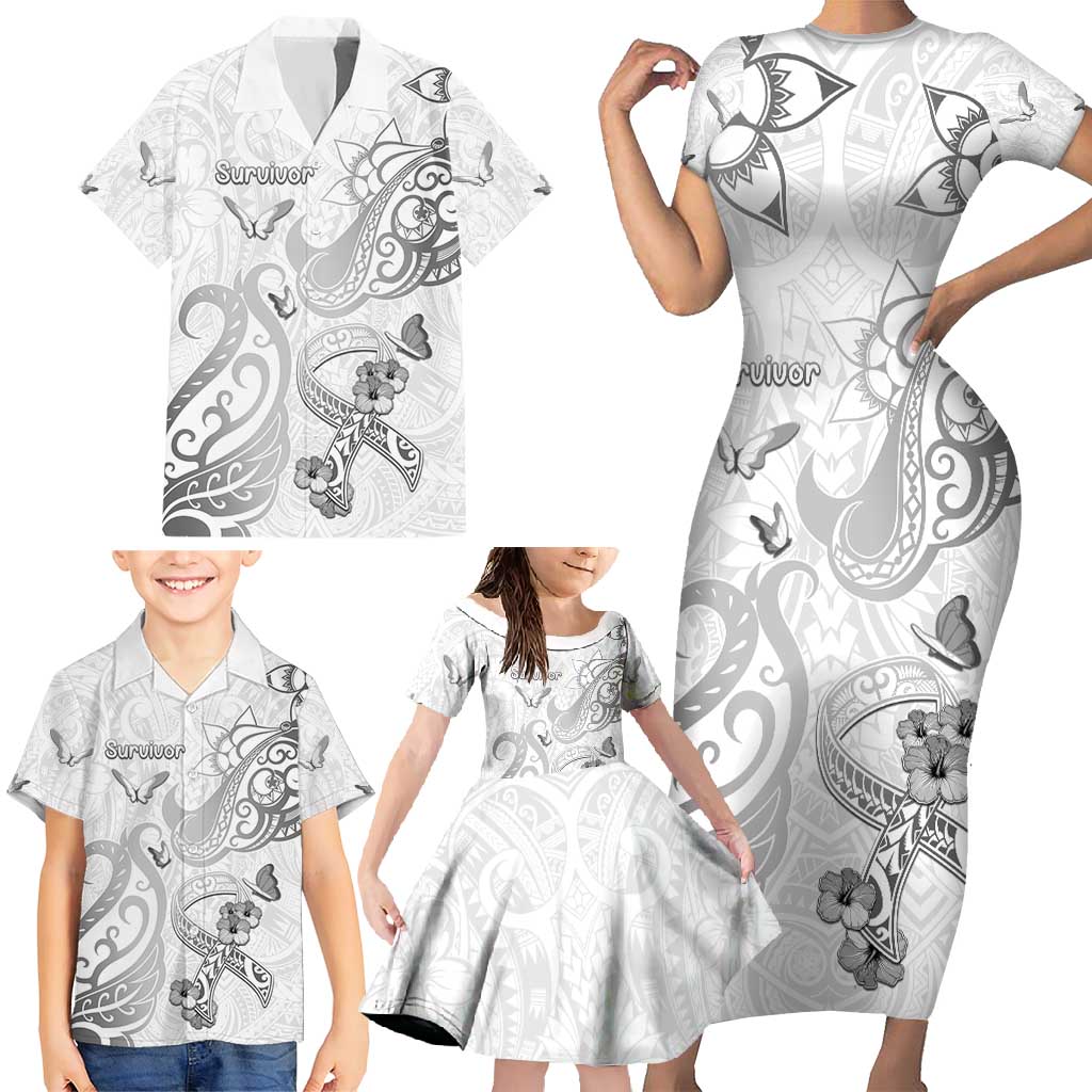 Personalised Brain Cancer Awareness Family Matching Short Sleeve Bodycon Dress and Hawaiian Shirt Ribbon Polynesian Pattern LT05 - Polynesian Pride