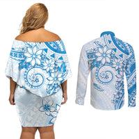 Polynesian Pattern With Plumeria Flowers Couples Matching Off Shoulder Short Dress and Long Sleeve Button Shirt Blue