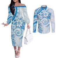Polynesian Pattern With Plumeria Flowers Couples Matching Off The Shoulder Long Sleeve Dress and Long Sleeve Button Shirt Blue