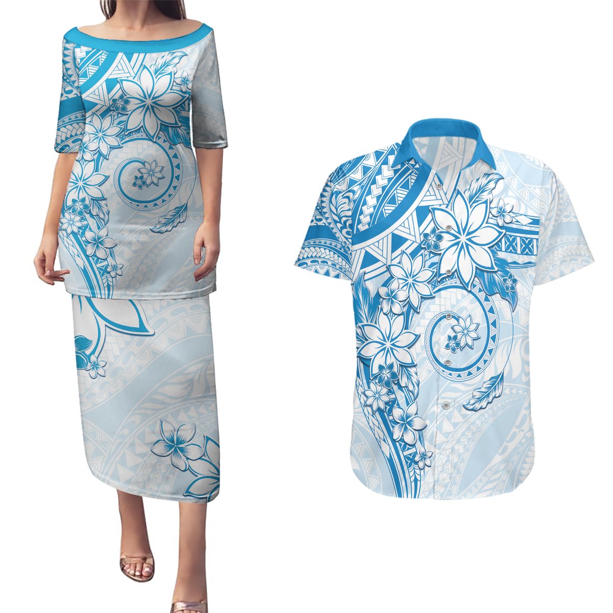 Polynesian Pattern With Plumeria Flowers Couples Matching Puletasi and Hawaiian Shirt Blue