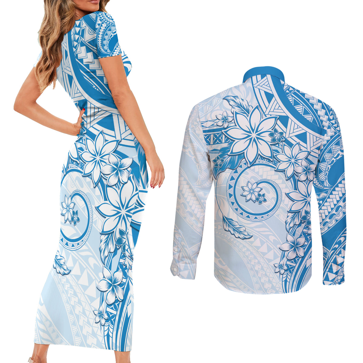 Polynesian Pattern With Plumeria Flowers Couples Matching Short Sleeve Bodycon Dress and Long Sleeve Button Shirt Blue