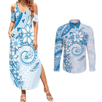 Polynesian Pattern With Plumeria Flowers Couples Matching Summer Maxi Dress and Long Sleeve Button Shirt Blue