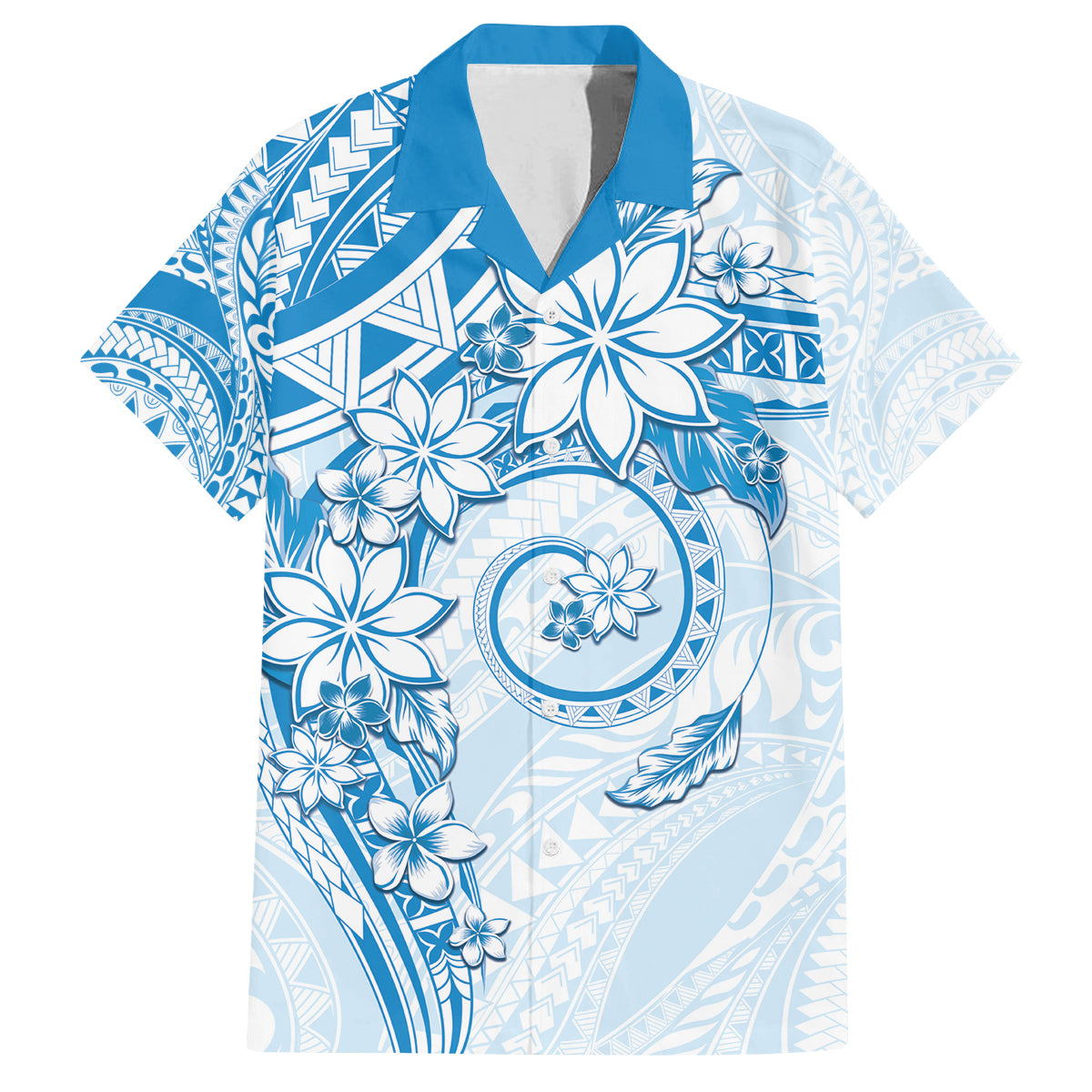 Polynesian Pattern With Plumeria Flowers Family Matching Off The Shoulder Long Sleeve Dress and Hawaiian Shirt Blue