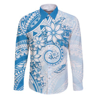 Polynesian Pattern With Plumeria Flowers Family Matching Off The Shoulder Long Sleeve Dress and Hawaiian Shirt Blue