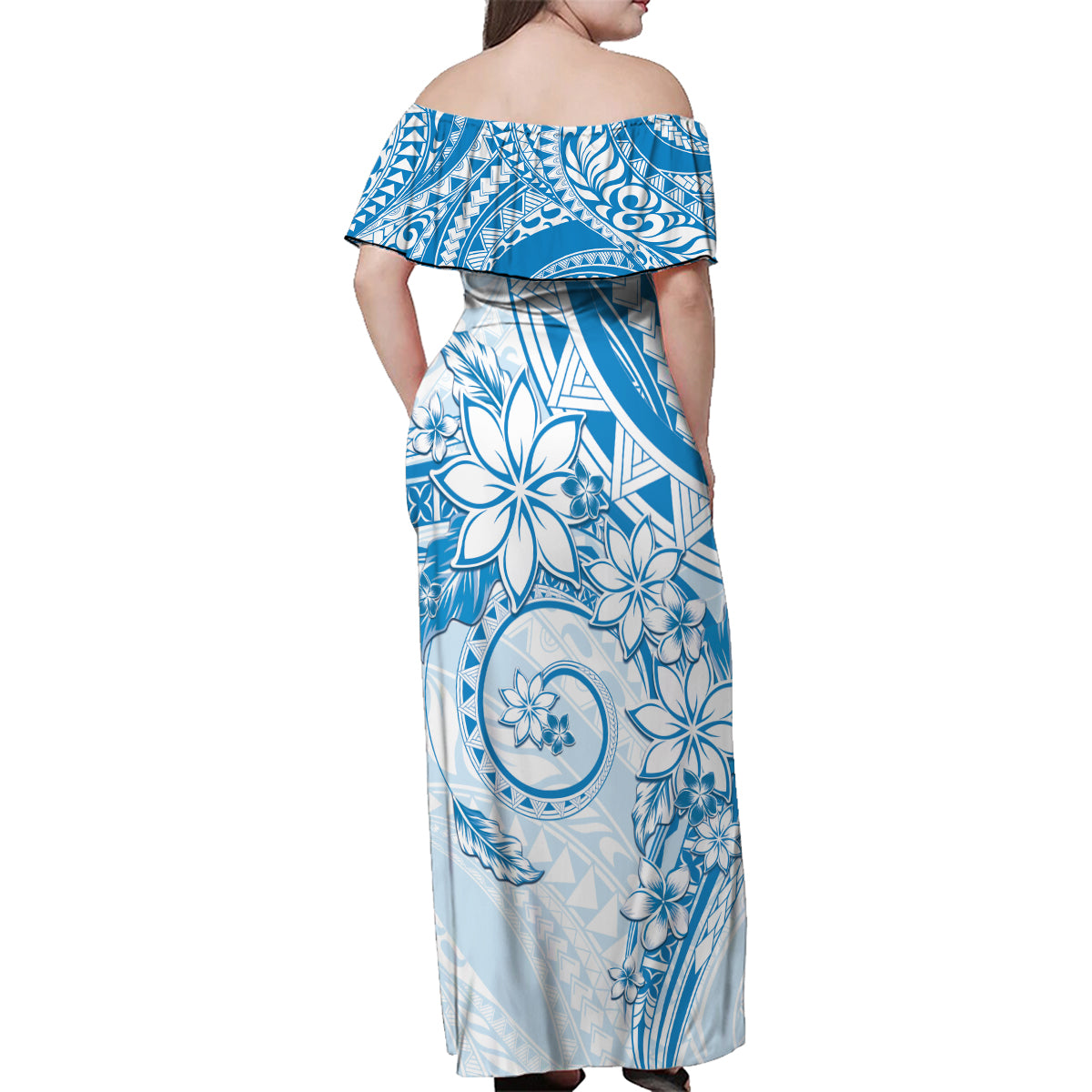 Polynesian Pattern With Plumeria Flowers Family Matching Off Shoulder Maxi Dress and Hawaiian Shirt Blue