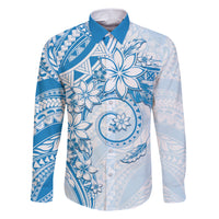 Polynesian Pattern With Plumeria Flowers Family Matching Short Sleeve Bodycon Dress and Hawaiian Shirt Blue