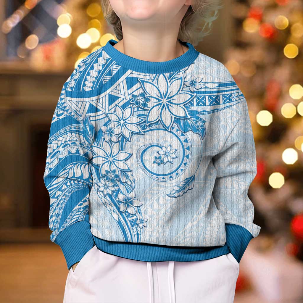 Polynesian Pattern With Plumeria Flowers Kid Ugly Christmas Sweater Blue