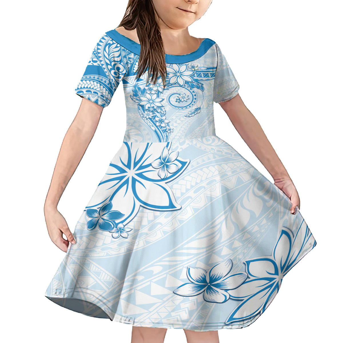 Polynesian Pattern With Plumeria Flowers Kid Short Sleeve Dress Blue LT05 KID Blue - Polynesian Pride