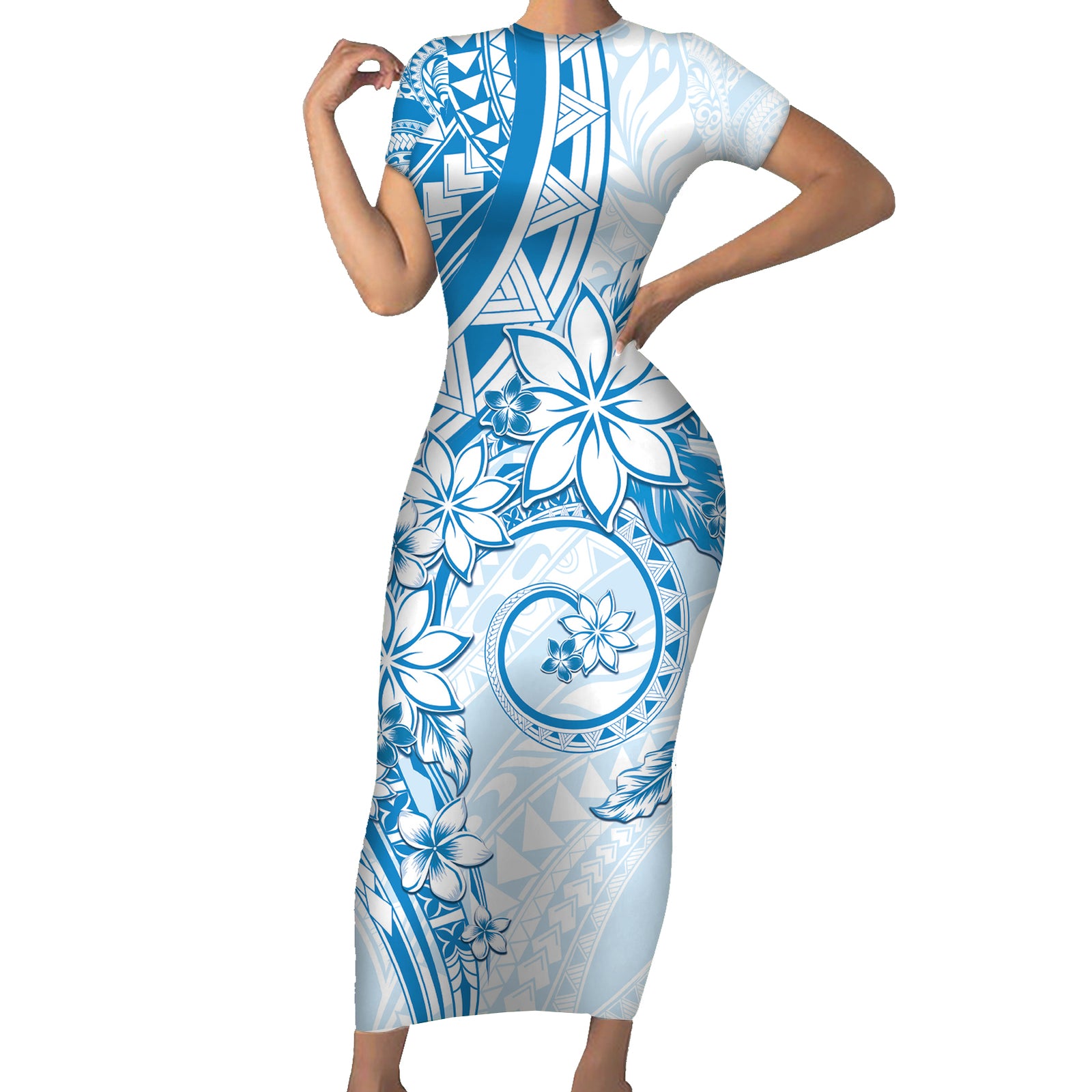 Polynesian Pattern With Plumeria Flowers Short Sleeve Bodycon Dress Blue LT05 Long Dress Blue - Polynesian Pride