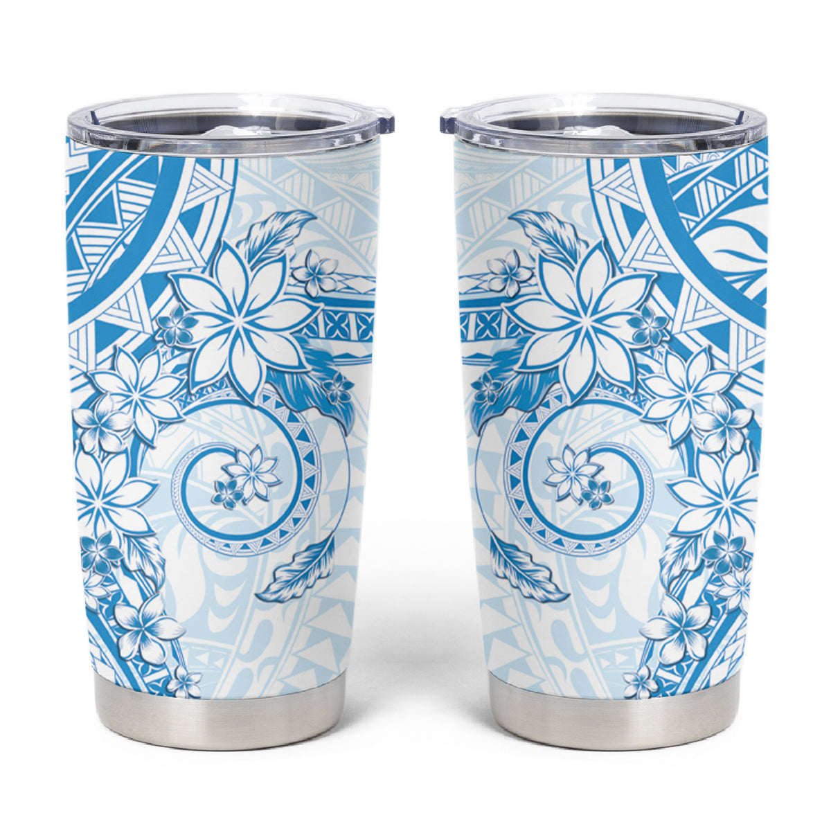 Blue Polynesian Pattern With Plumeria Flowers Tumbler Cup