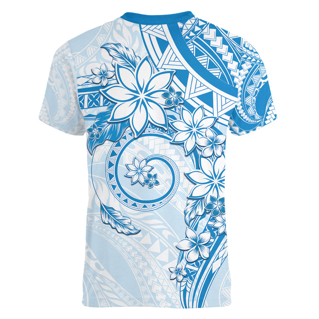 Polynesian Pattern With Plumeria Flowers Women V-Neck T-Shirt Blue