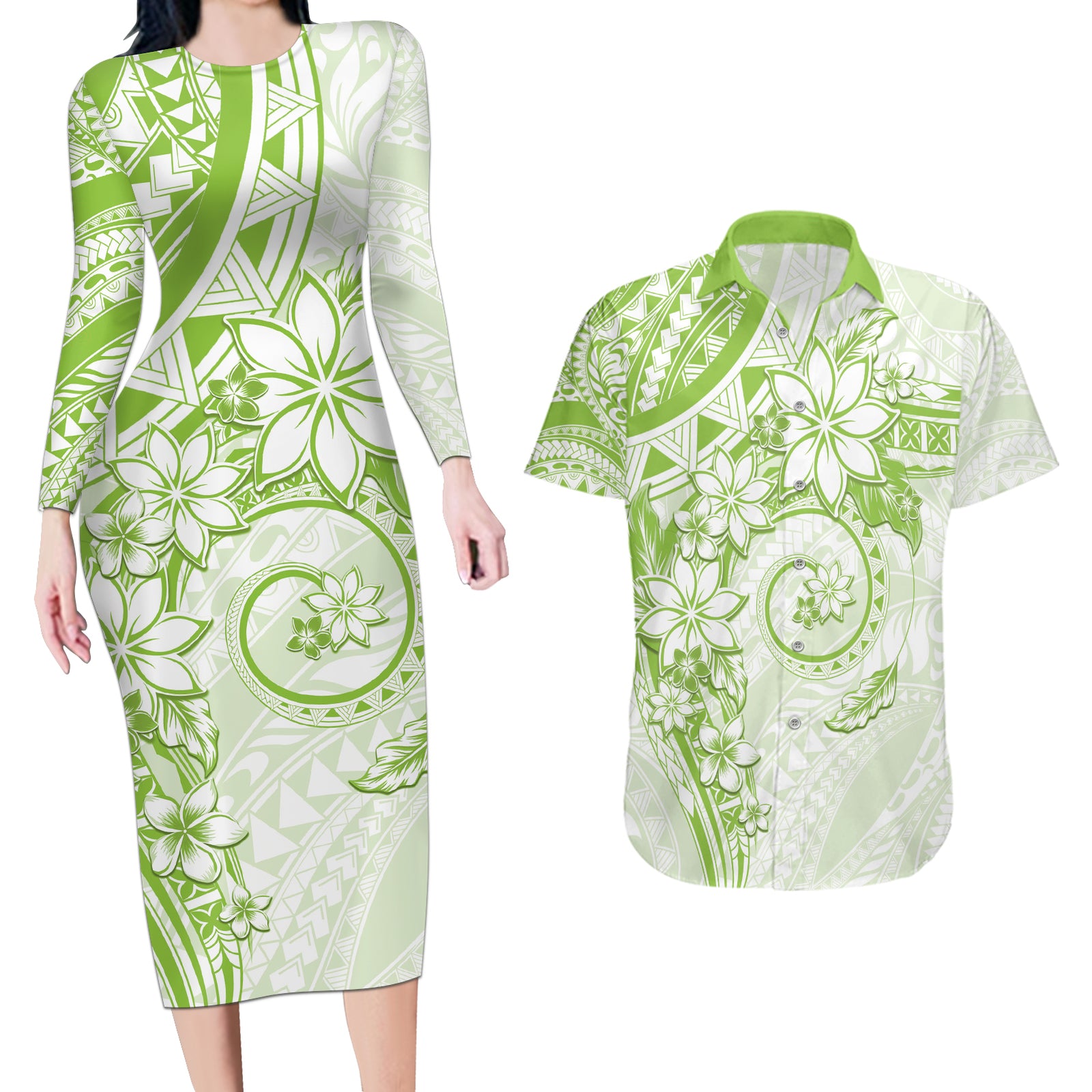 Polynesian Pattern With Plumeria Flowers Couples Matching Long Sleeve Bodycon Dress and Hawaiian Shirt Lime Green LT05 Lime Green - Polynesian Pride