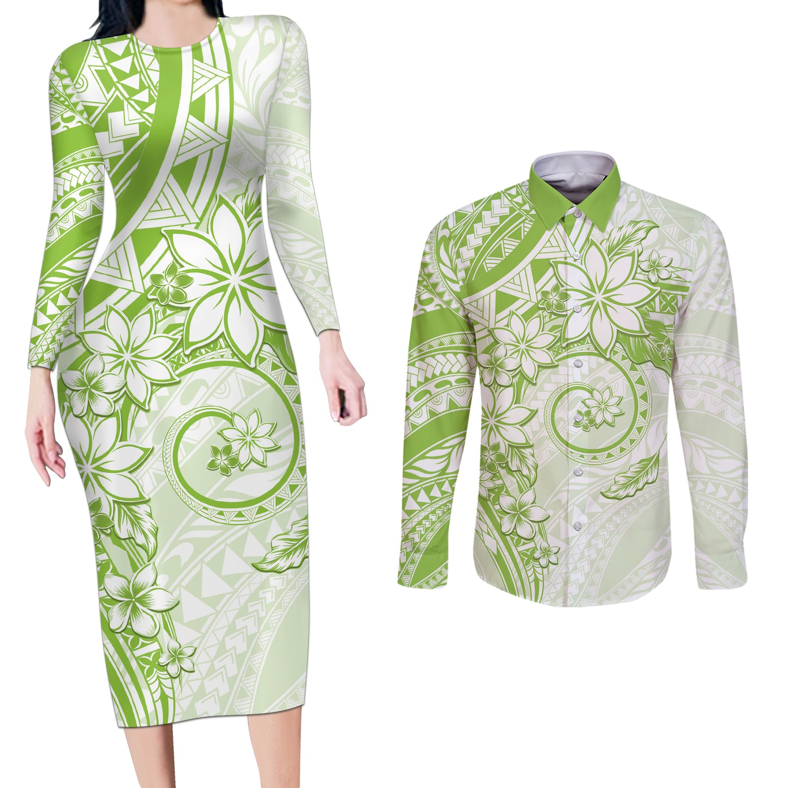 Polynesian Pattern With Plumeria Flowers Couples Matching Long Sleeve Bodycon Dress and Long Sleeve Button Shirt Lime Green LT05 Lime Green - Polynesian Pride