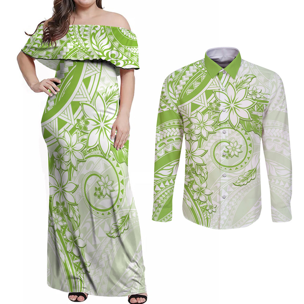 Polynesian Pattern With Plumeria Flowers Couples Matching Off Shoulder Maxi Dress and Long Sleeve Button Shirt Lime Green LT05 Lime Green - Polynesian Pride