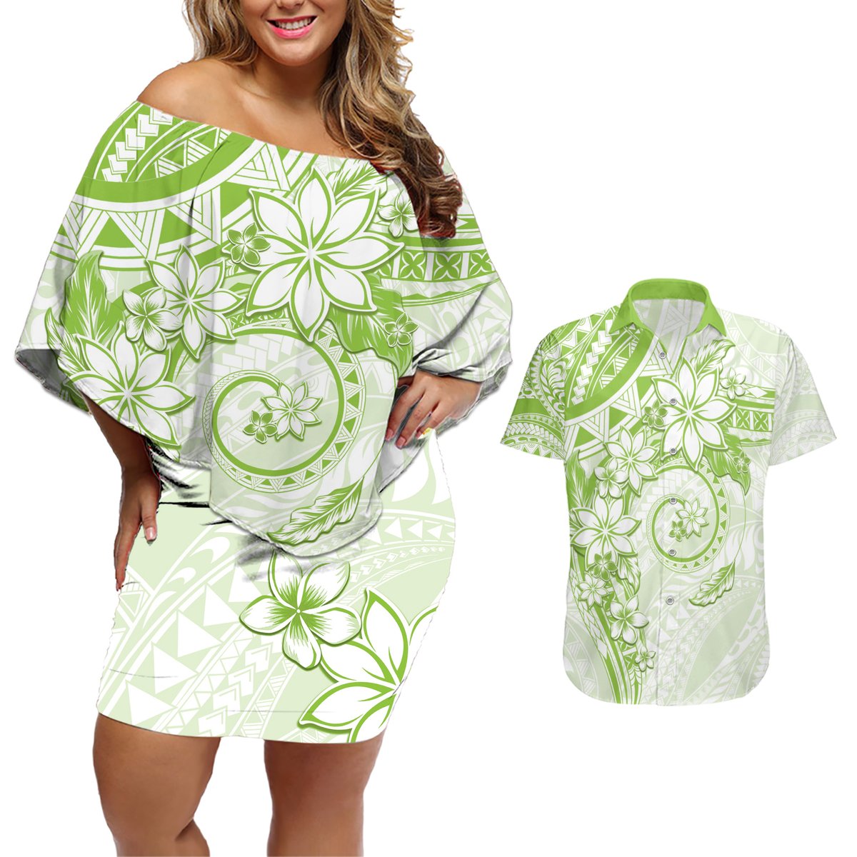 Polynesian Pattern With Plumeria Flowers Couples Matching Off Shoulder Short Dress and Hawaiian Shirt Lime Green