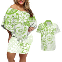 Polynesian Pattern With Plumeria Flowers Couples Matching Off Shoulder Short Dress and Hawaiian Shirt Lime Green