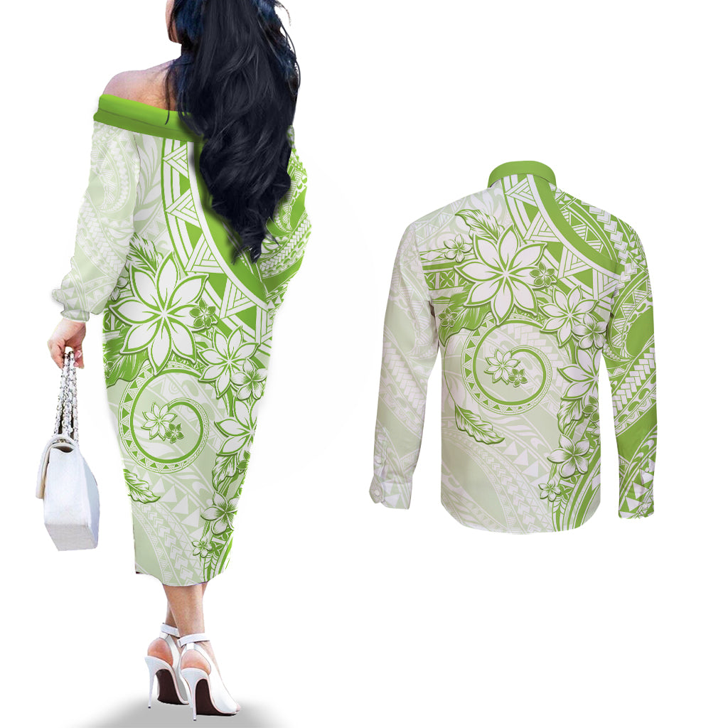 Polynesian Pattern With Plumeria Flowers Couples Matching Off The Shoulder Long Sleeve Dress and Long Sleeve Button Shirt Lime Green