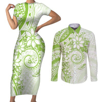 Polynesian Pattern With Plumeria Flowers Couples Matching Short Sleeve Bodycon Dress and Long Sleeve Button Shirt Lime Green